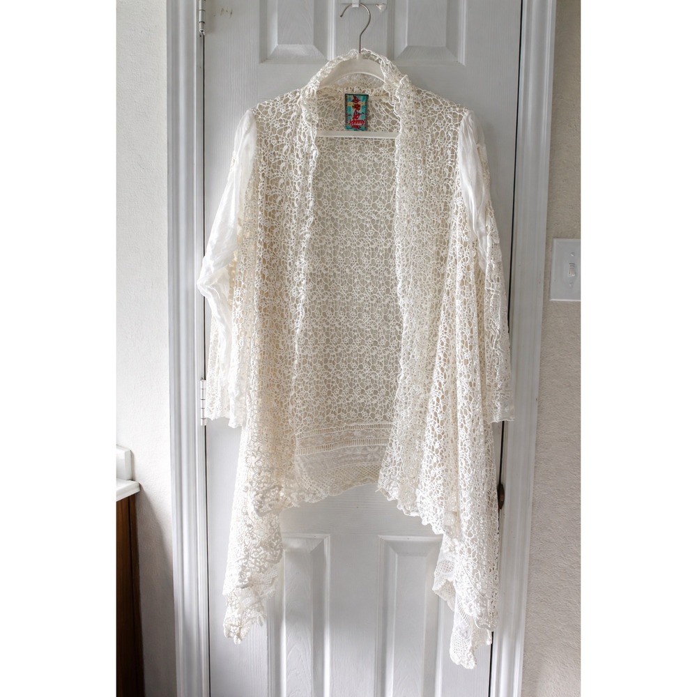 Johnny‎ Was Ivory Crochet Lace Boho Open Front Cardigan Topper Medium
